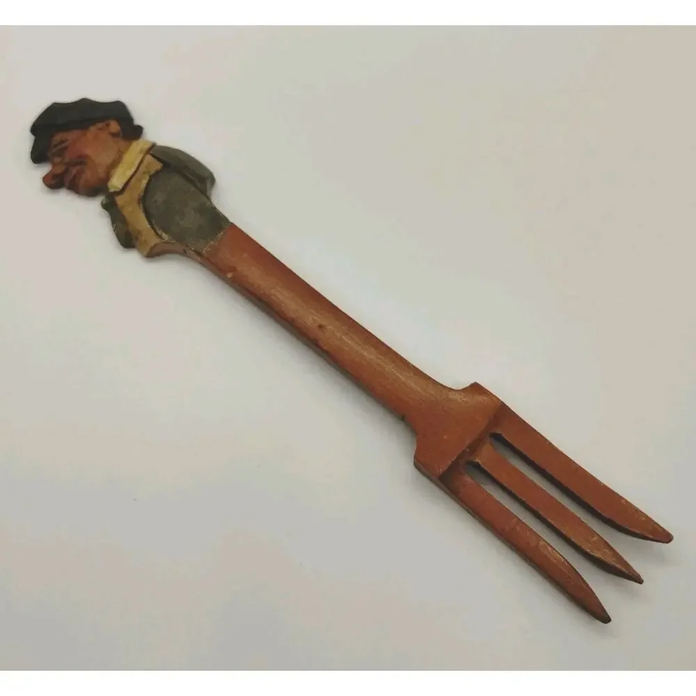 Vintage Painted Folk Art ANRI? Carved Wood Salad Fork Man Sicily Italy Wooden